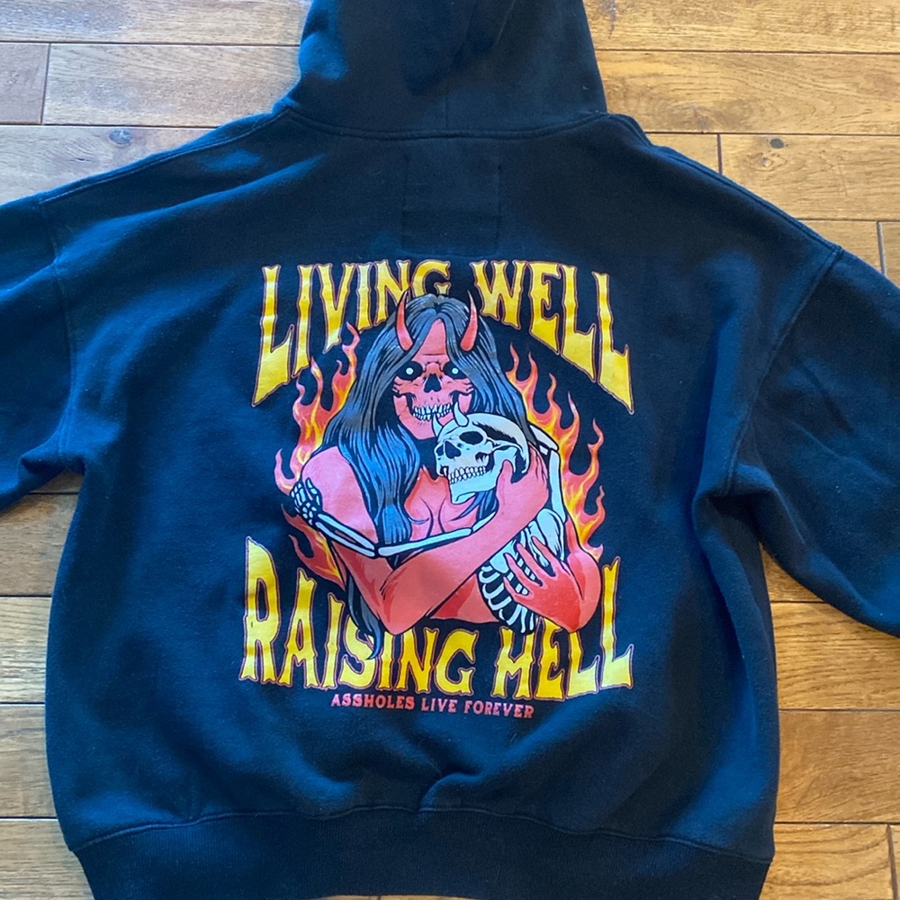 Living Well Raising Hell Hoodie by Linda Finegold Designs, L